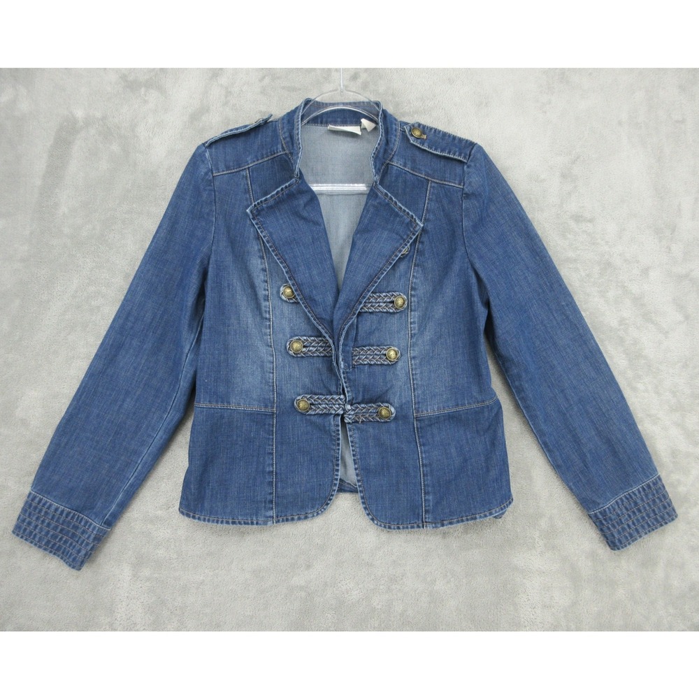 Chicos Jacket Womens Size 0 Small Military Denim Blazer Braided Trim Nautical